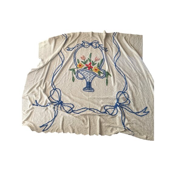 Vintage Chenille Bedspread With Basket & Bow Motif Cotton Floral Curtain Throw - Picture 1 of 3